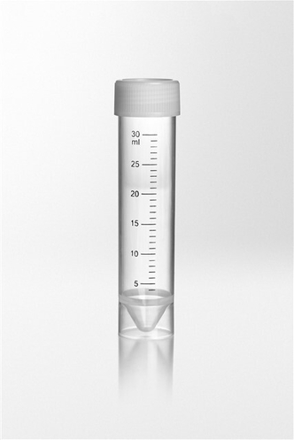 Test tube PP with enclosed screw cap PE, 30ml, Ø25x107 mm, conical bottom, skirted, tube transparent (500 pcs)