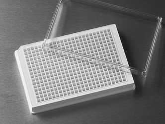 Corning® 384-well Low Flange White Flat Bottom Polystyrene TC-treated Microplates, with Bar Code,10 per Bag, with Lid, Sterile
