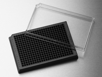 Corning® 384-well Low Flange Black Flat Bottom Polystyrene TC-treated Microplates, 10 per Bag, with Lid, Sterile