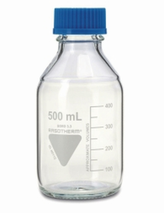 Laboratory bottle 250 ml with blue cap and ring, boro 3.3, GL 45 (1)