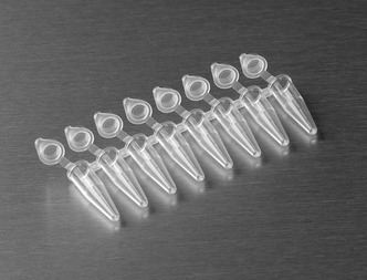 Axygen® 0.2 mL Polypropylene PCR Tube Strips and attached Domed Cap Strips, 8 Tubes/Strip, 8 Domed Caps/Strip, Clear, Nonsterile