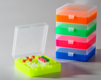 Axygen 100 place Microtube Box with hinged lid, PP, Multi-Color Pack (Blue, Pink, Orange, Yellow, Green) for 100 x 1.5/2.0 mL tubes